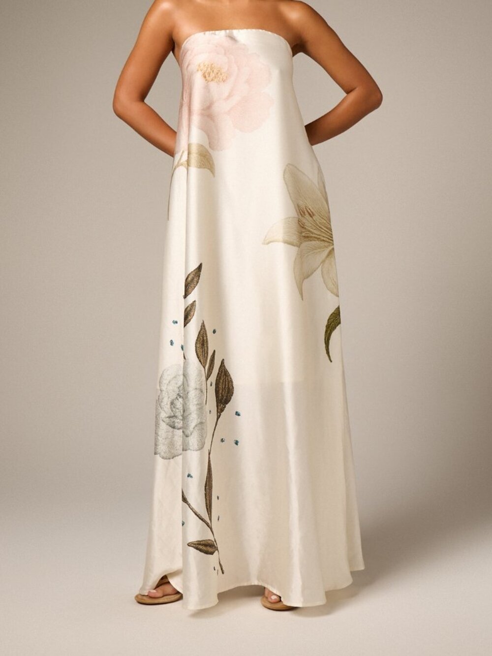 Multicolor Party Women's Elegant Strapless Floral Satin Maxi Dress - Picture 3 of 5